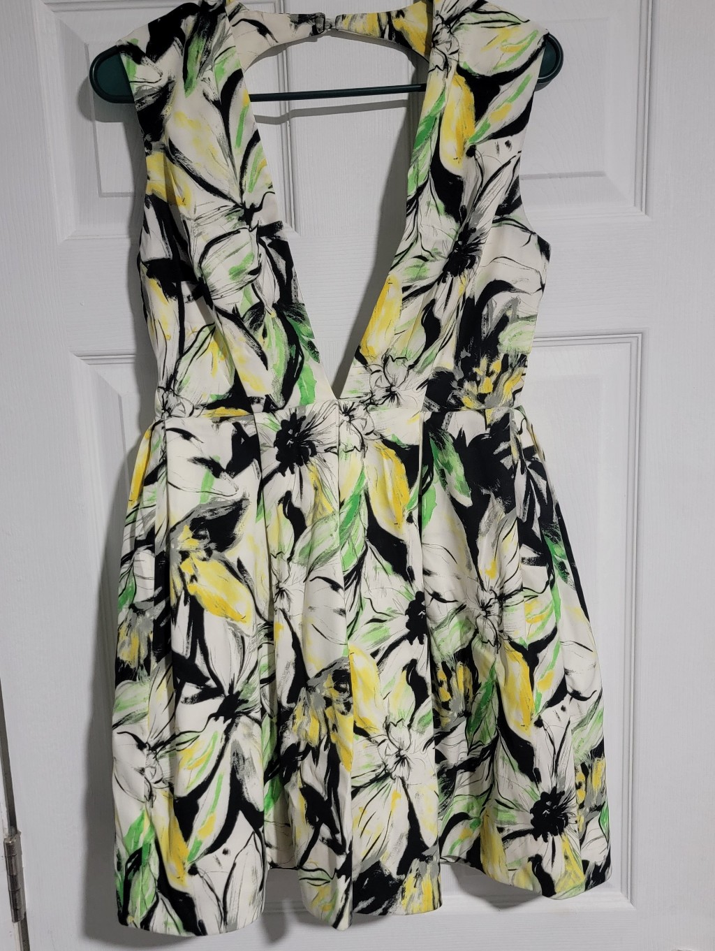 Floral Deep V-Neck Summer Dress In White, Yellow & Green